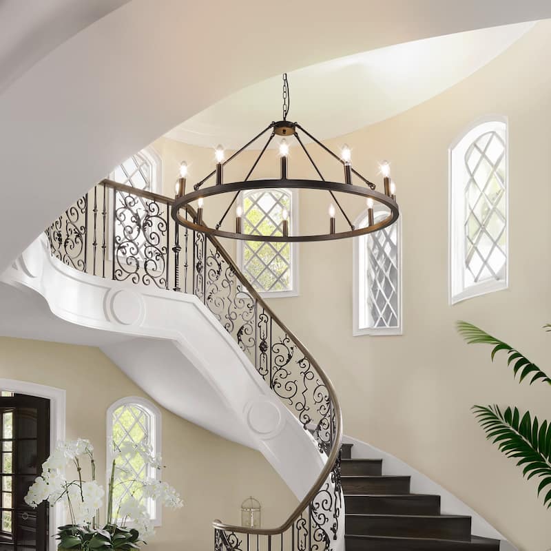 12 Lights Wagon Wheel Chandelier, Round Rustic Farmhouse Chandeliers for Dining Room Foyer Living Room Kitchen Island