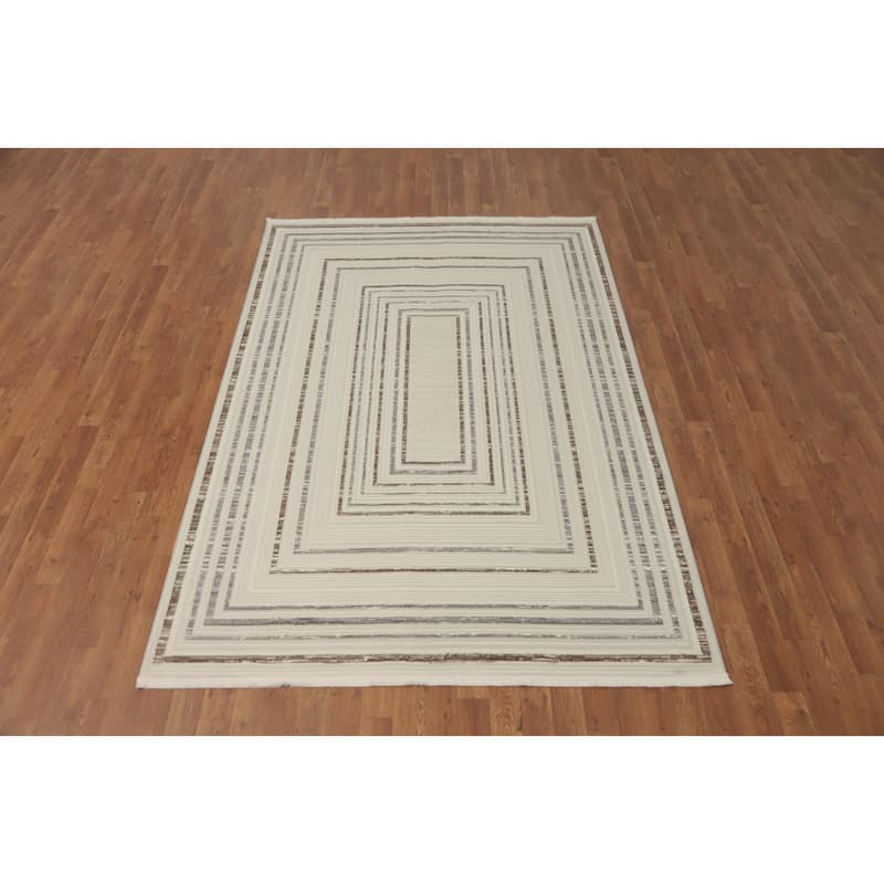 Machine Made Oriental Polyester Carpet Modern Geometric Beige & Ivories Modern Area Rug - 7' 5'' X 5' 2''