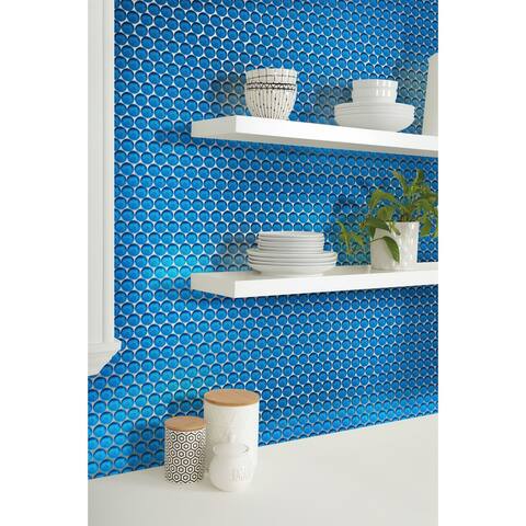 Apollo Tile 5 Pack 12-in x 12-in Sea Blue Penny Round Glossy Finished Glass Mosaic Wall and Floor Tile (5 sq ft/case)