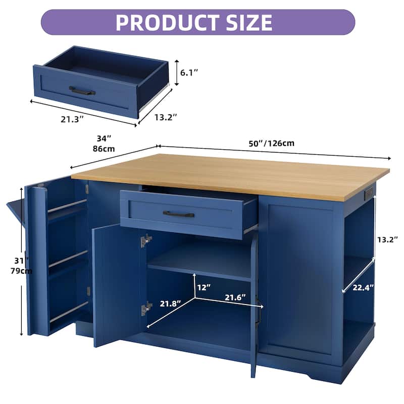 Moasis 50" Kitchen Island with Power Outlet & Drop Leaf,Rolling Island Cart with Trash Can Cabinet