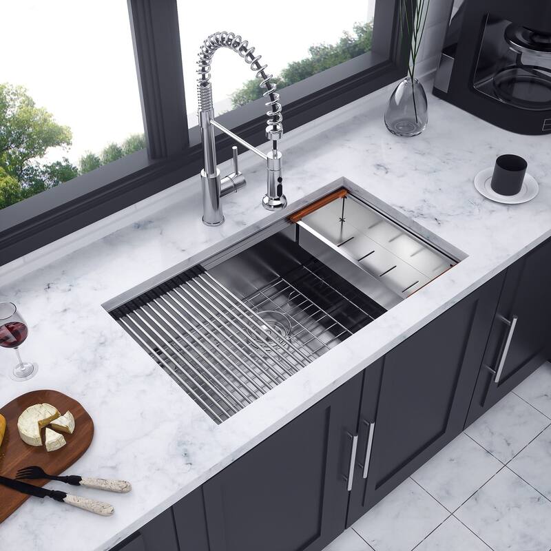 Undermount Single Bowl Stainless Steel Kitchen Sink with Workstation - 28*19