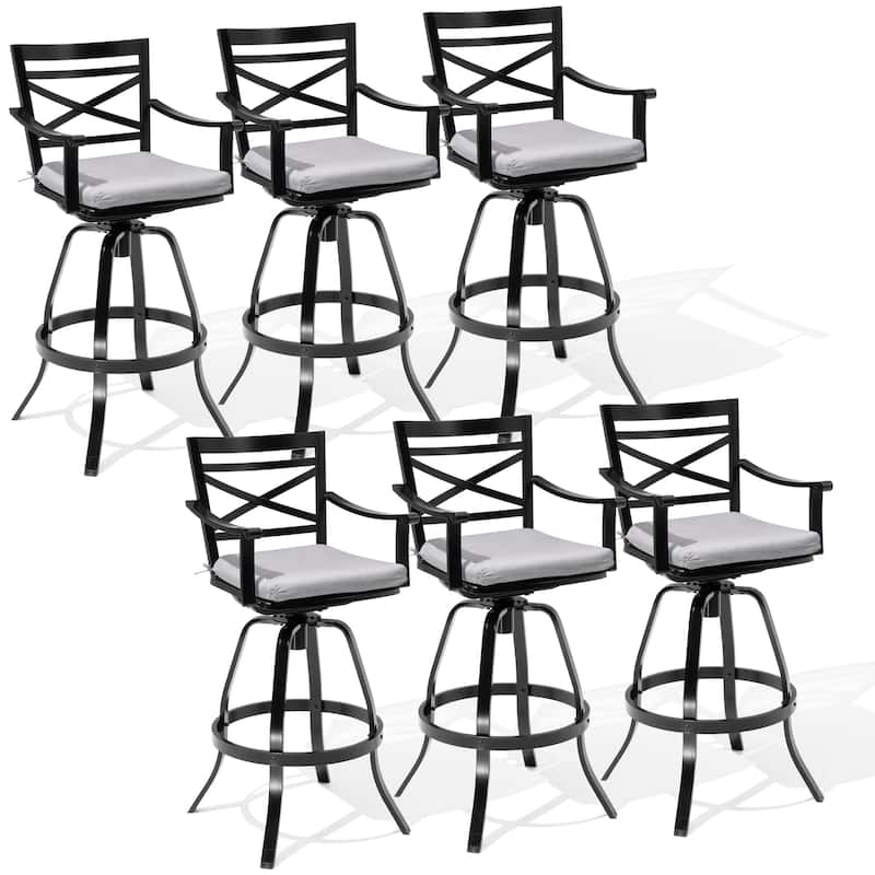 Outdoor Bar Stools Patio Cast Aluminum Swivel Barstools with Sunbrella Cushion - CAST SILVER - 6PC