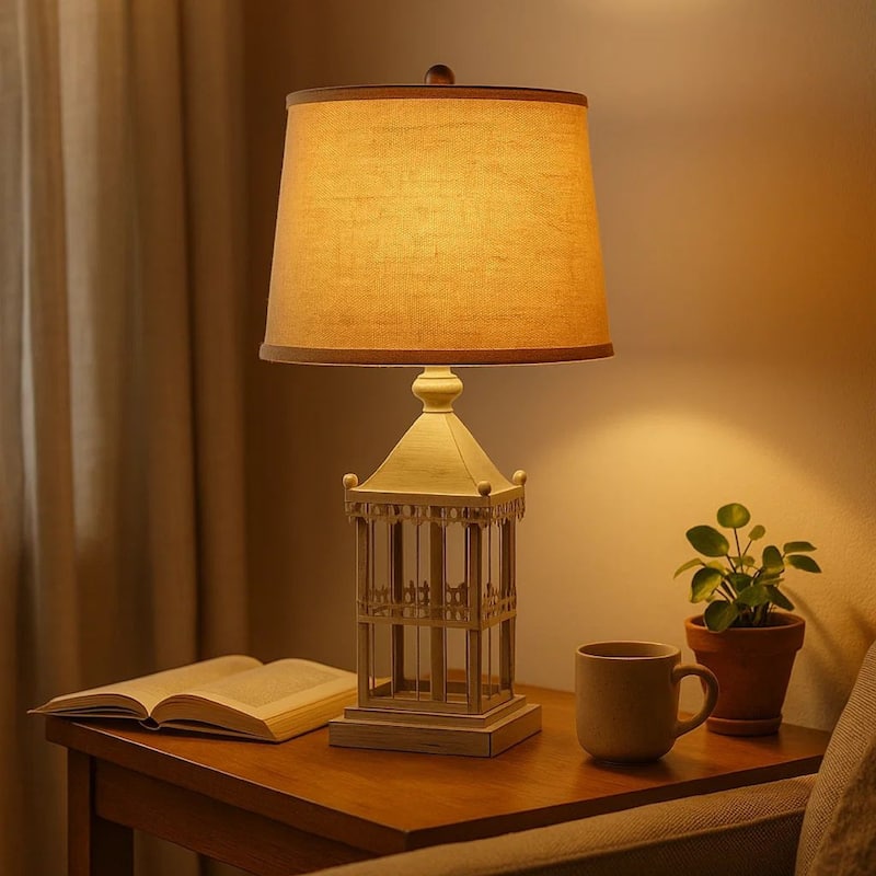 Metal Temple Design Base Table Lamp with Fabric Shade, Beige and Gray