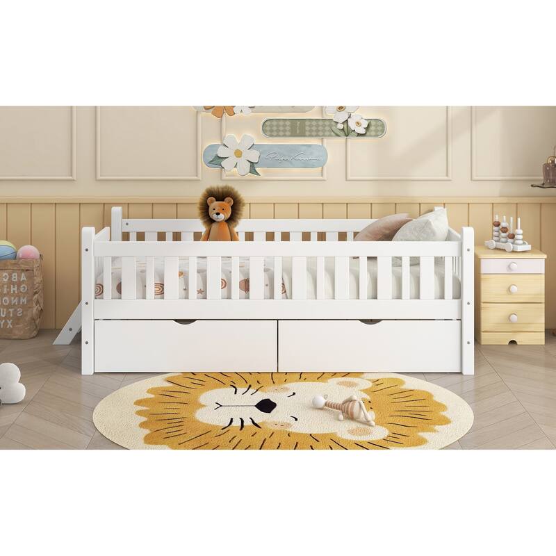 Wood Low Loft Bed Storage Platform Bed with Guardrail and 2 Drawers