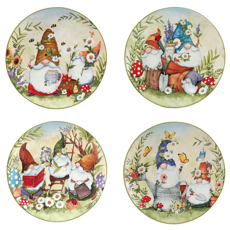 Certified International Garden Gnomes 11" Dinner Plates, Set of 4 Assorted Designs - 11' x 11'