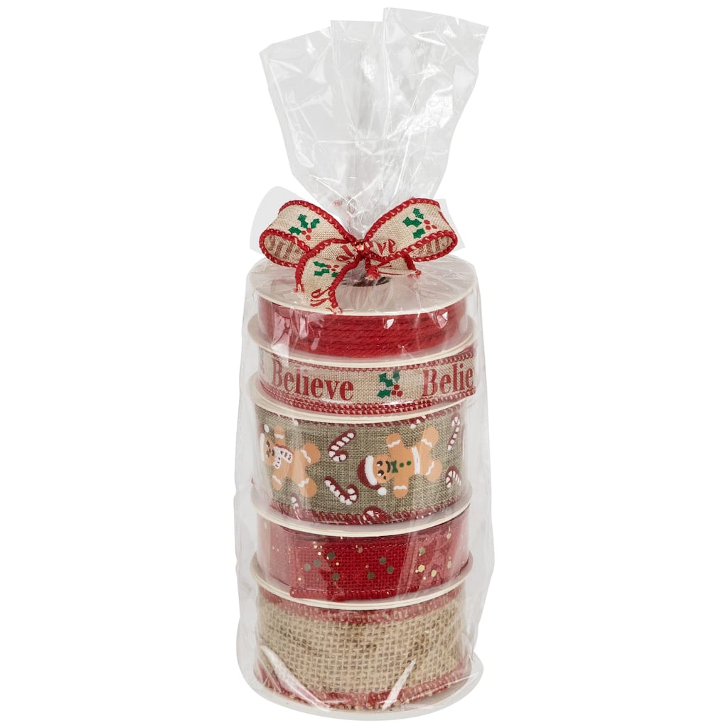 Set of 5 Gingerbread Matching Themed Craft Christmas Ribbons 1.5" x 3 Yards