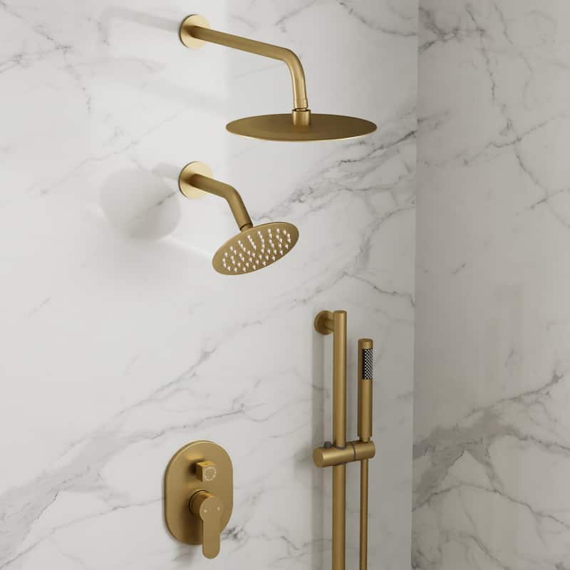 GRANDJOY Dual Heads Shower System 10" and 6" Wall Mount Rainfall Round Shower Faucet Handheld Shower Spray with Slide Bar - Brushed Gold