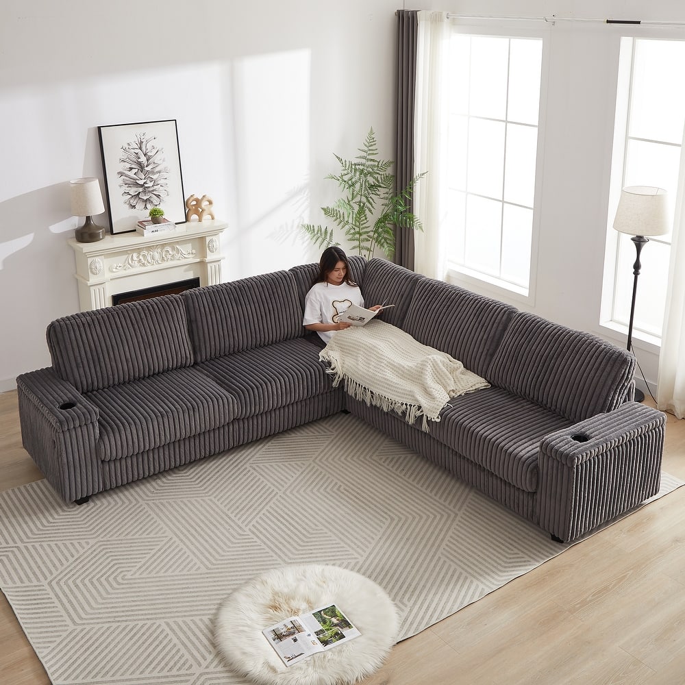 110" Oversized Corduroy Upholstered L-Shaped Corner Sectional Sofa with Storage Armrest, Cup Holder, USB & Type-C Ports