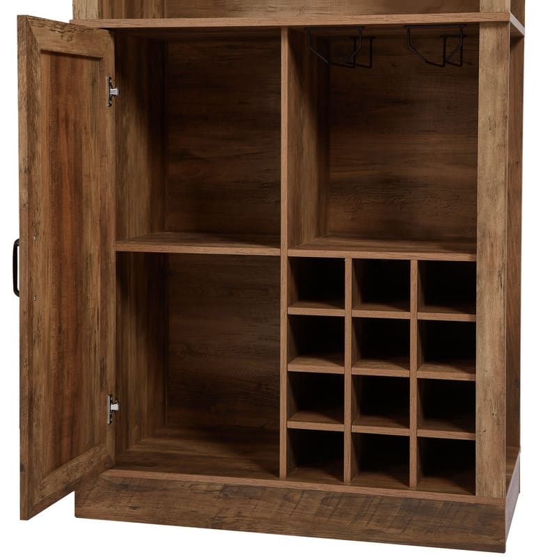 76-Inch Tall Faux Rattan Wine Cabinet with Square Compartments and Microwave Shelves
