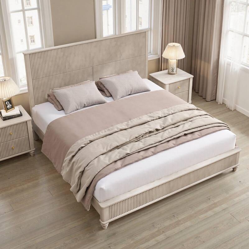 Solid Wood Bed Frame,King Platform Bed Frame with Headboard,Tall Headboard Natural Wood Bed ,No Box Spring Needed