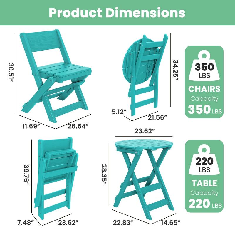 3-Piece Outdoor HDPE Bistro Set, Waterproof, Weather-Resistant & Foldable