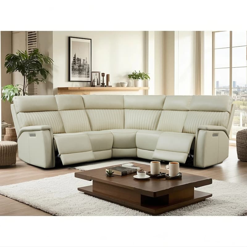 5PCS, 2 power Recliners, Leather Reclining Sectional with Power headrest & lumbar - Cream