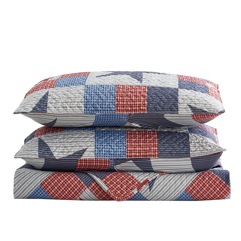 3-PC Quilt Set Patriotic Americana Stars and Plaid Patchwork Blanket with 2 Shams