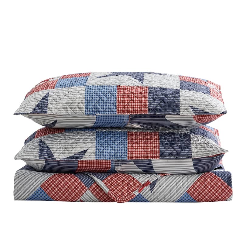 Patriotic Quilt Set Americana Stars and Plaid Patchwork Coverlet with 2 Shams