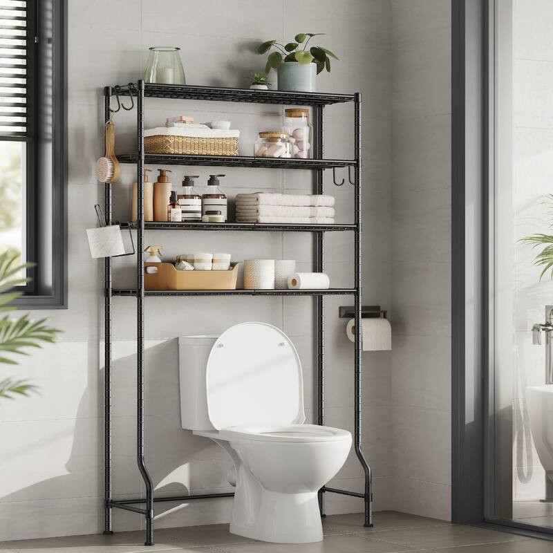 4-Tier Freestanding Metal Over-the-Toilet Storage Rack with 4 Adjustable Shelves and 4 Convenient Hoooks
