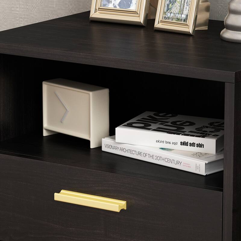 Timechee Nightstand Bedside Table Wood 1-Drawer with Open Shelf, Black