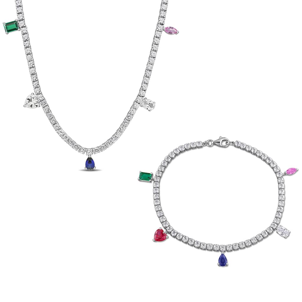 Miadora 29.6ct TGW Multi-Created Gemstone Station Necklace Bracelet Sterling Silver