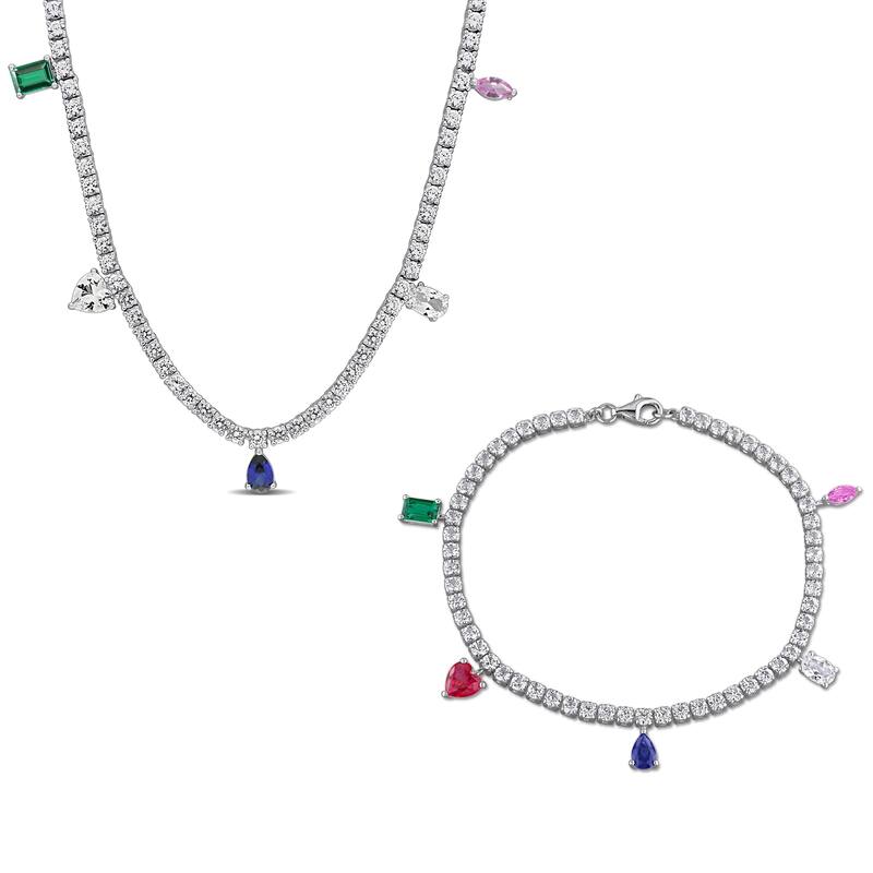 Miadora 29.6ct TGW Multi-Created Gemstone Station Necklace Bracelet Sterling Silver
