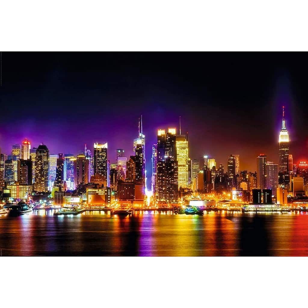 New York City Manhattan Skyline Reflections at Night Art Poster - 36 x 24 Inch