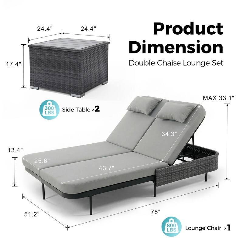 2-Person Outdoor Double Chaise Lounge with 2 Side Tables, Wicker Patio Reclining Daybed, Adjustable Backrests, 800 lb Capacity