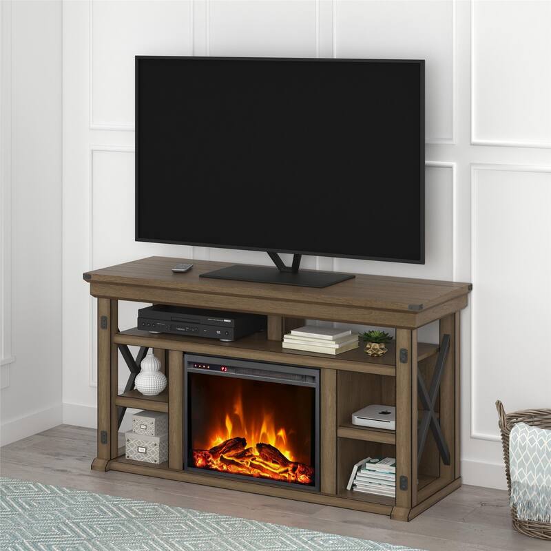 Roomfitters Wildwood Fireplace TV Stand for TVs up to 60 Inches, Electric Insert with Remote, Gray Finish