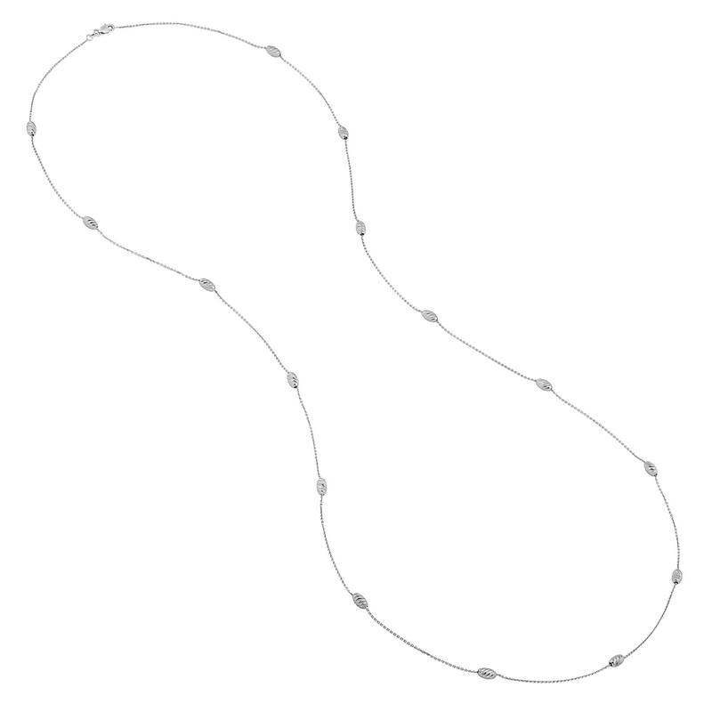 Curata 925 Sterling Silver 36" Etched Oval Bead Station Long Cable Chain Necklace