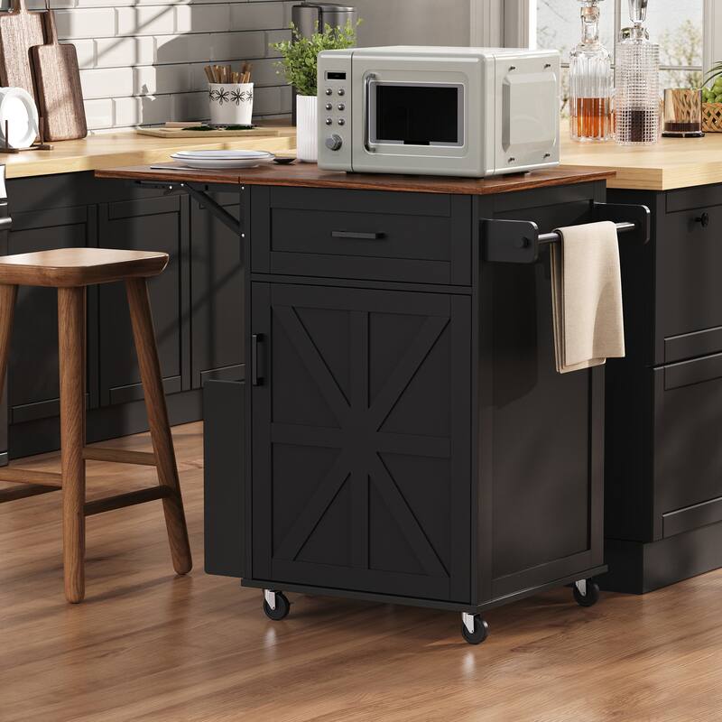 39.3" Farmhouse Kitchen Island with Drop Leaf, Towel Rack & Rolling Cart - Black
