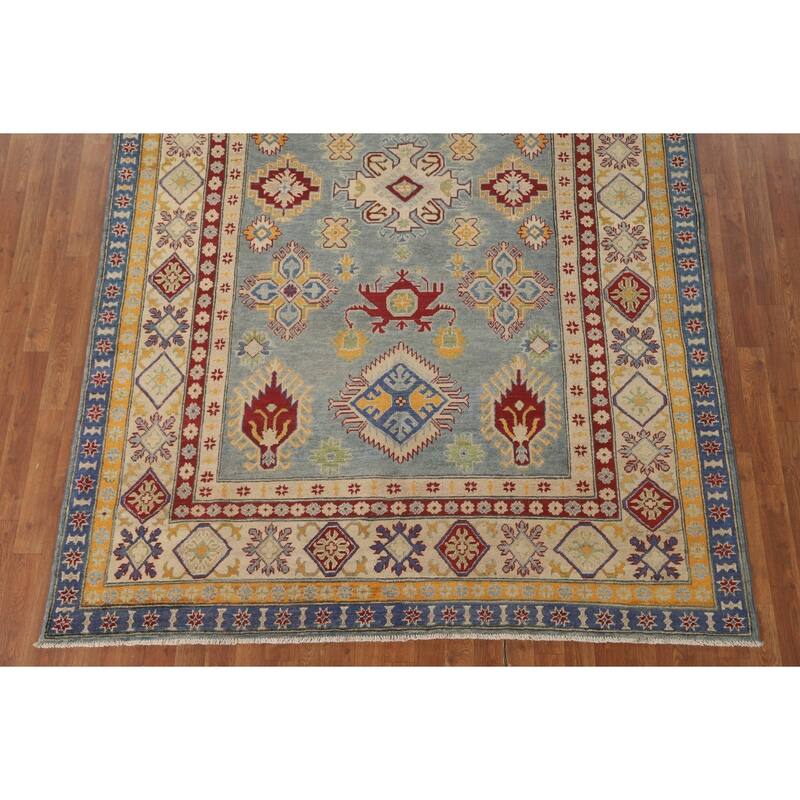Geometric Kazak Area Rug Handmade Oriental Blue Wool Carpet - 6'7" x 9'10"