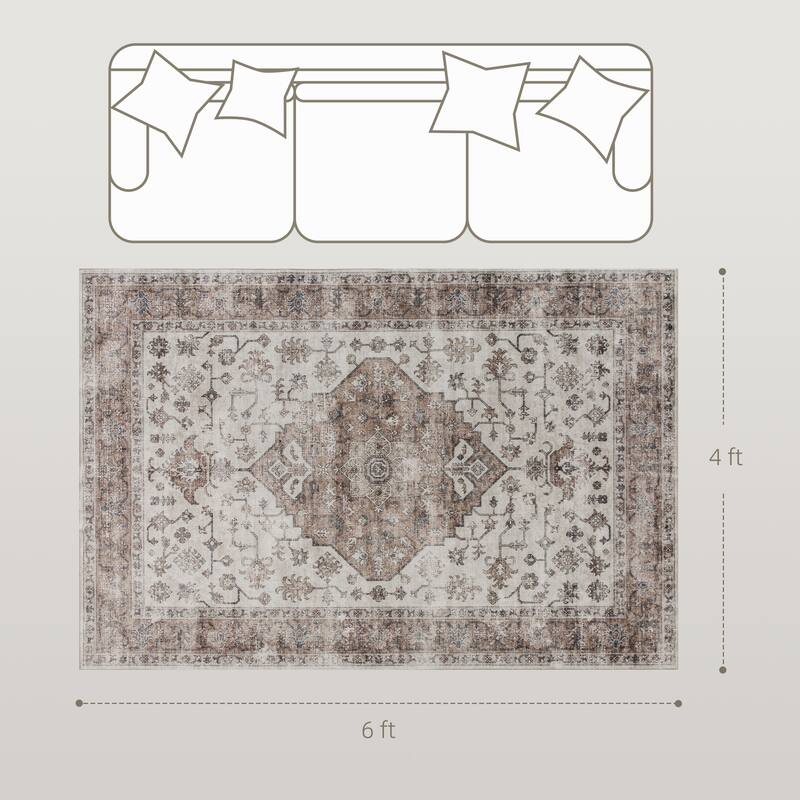 HOMCOM 4x6 Area Rug, Vintage Machine Washable Rug, Non-Slip Floor Carpet for Living Room, Bedroom, Dining Room, Home Office