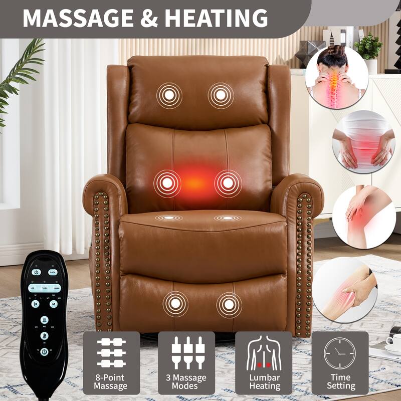 Genuine Leather Swivel Recliner Chair, Sofa Chair with Side Pockets, Manual Recliner Chair with Heat & Massage