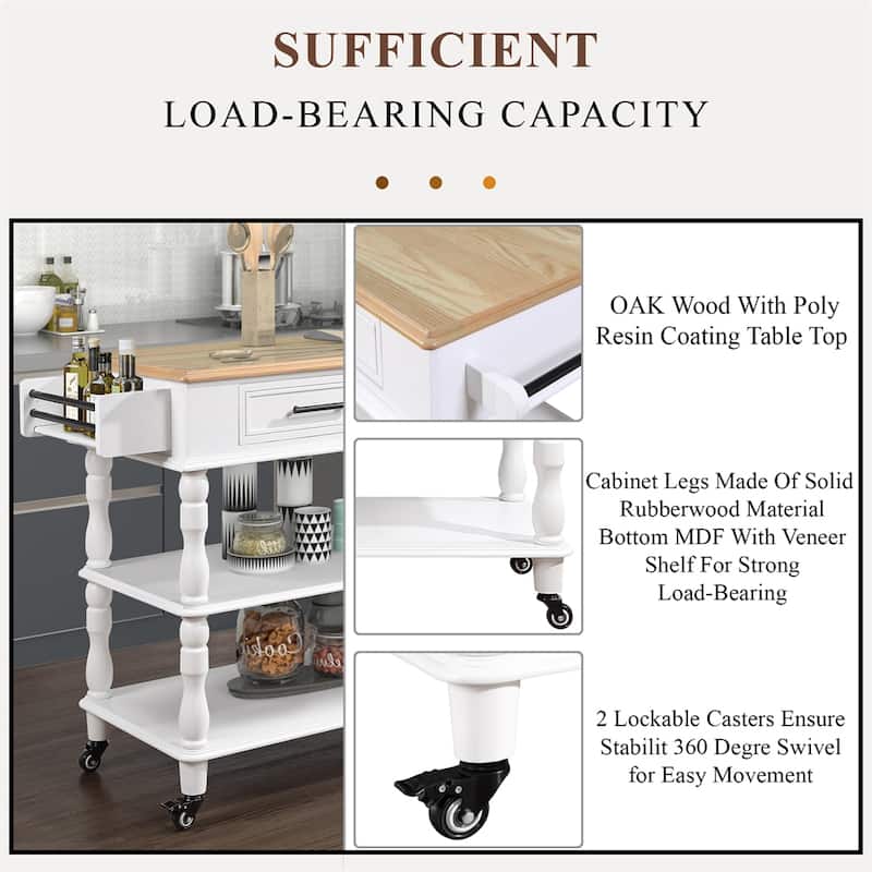 Rolling OAK Wood Top Kitchen Cart with Wine Rack and 2 Drawers
