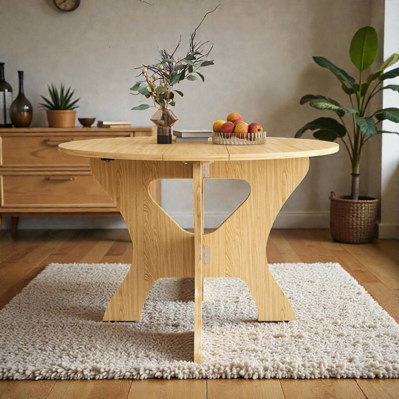 43 Inch Folding Dining Table for Small Spaces, Round MDF Veneer Foldable Kitchen Table with Slim Storage Design