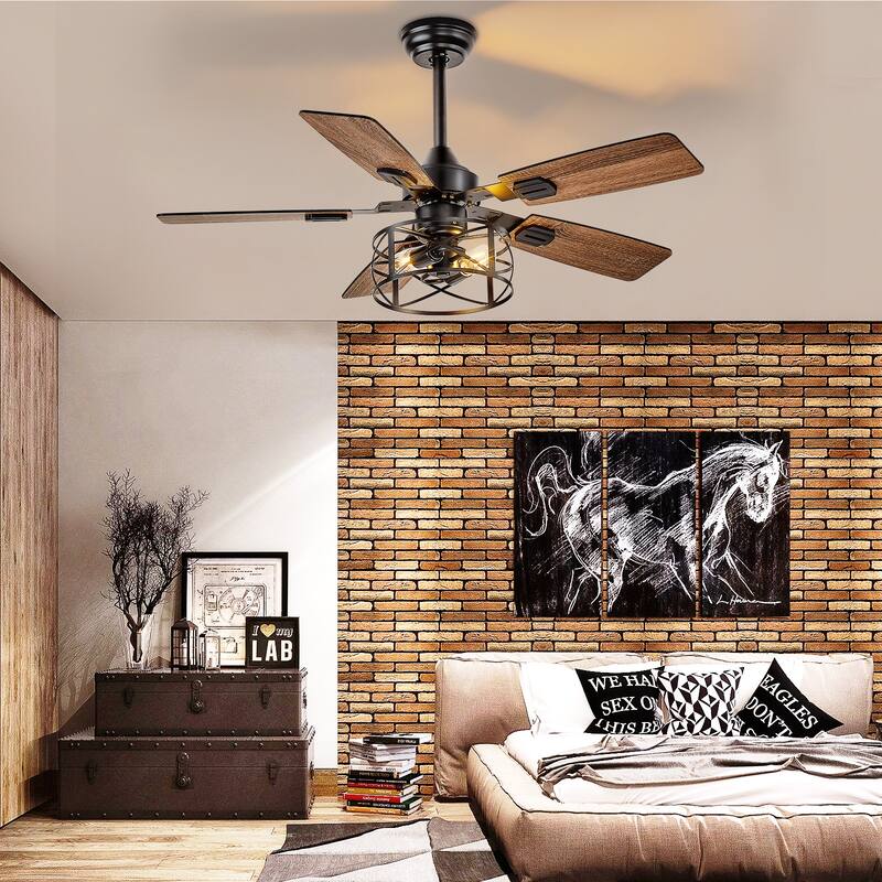 42-52Inch Caged Ceiling Fans with Lights: Dual Finish 5 Blades - Rustic with Remote Control (E26 Bulb Included)