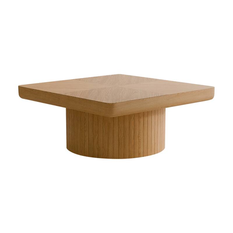 GDF Studio - Modern Square Coffee Table with Parquet Wood Veneer & Cylindrical Base