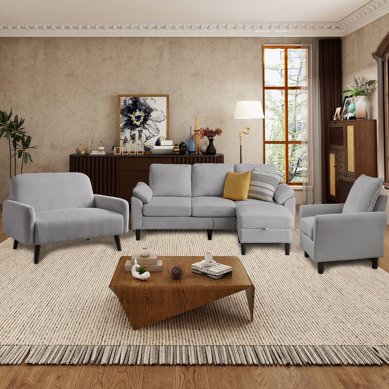 4 Pieces Corduroy Living Room Sets with Sofa, Ottoman and Loveseat - Light Grey