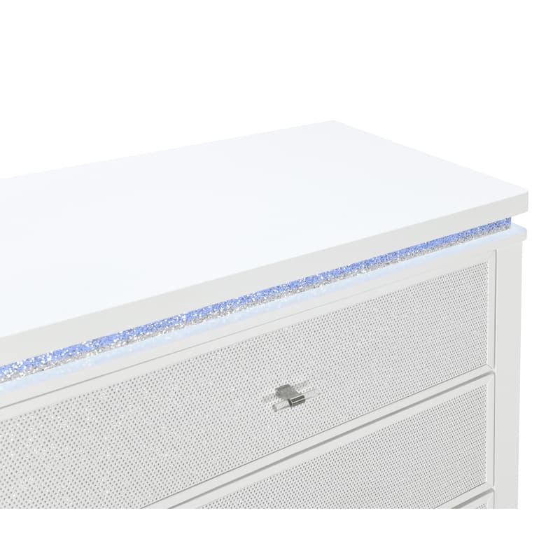 HomeRoots 36" White Faux Crystal Glitter Wood Lighted Five Drawer Dresser
