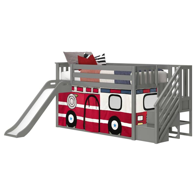 Max and Lily Classic Low Bunk with Stairs, Easy Slide and Curtain