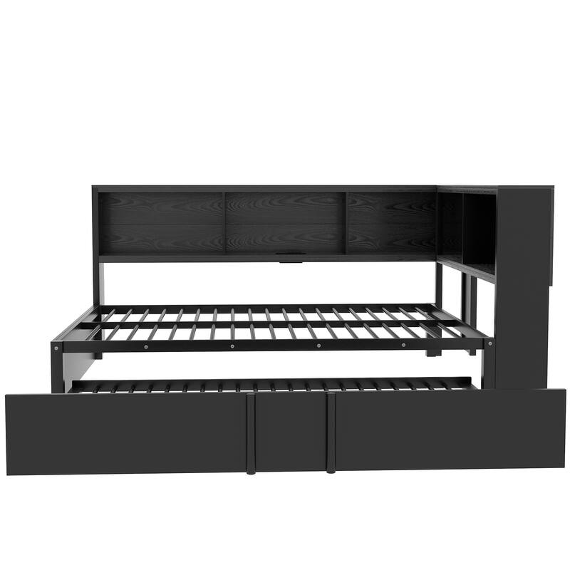 Full Size Metal Daybed with Trundle, Storage Cabinets, and USB Ports in Black