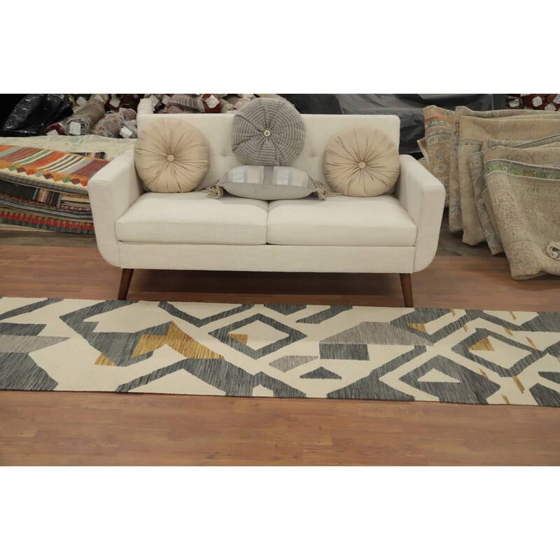 Hand Woven Oriental 100% Wool Carpet Southwestern Modern Beige & Ivories Kilim Runner Rug - 9' 9'' X 2' 8''