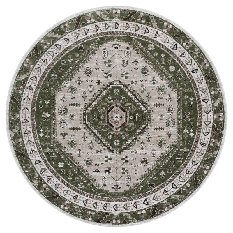 SAFAVIEH Bayside Machine Washable Surmeli Shabby Chic Rug - 6'7" Round - Green/Beige