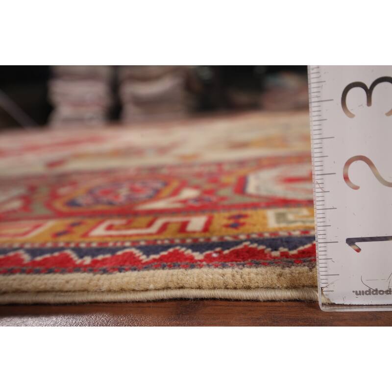 Hand Knotted Oriental 100% Wool Carpet Traditional Geometric Yellow & Gold Kazak Area Rug - 9' 8'' X 6' 5''