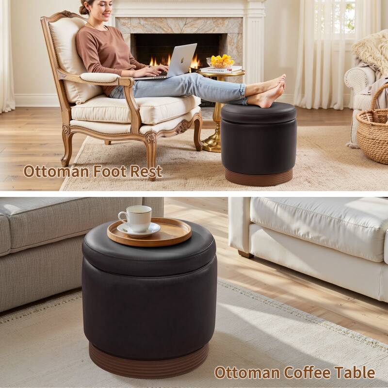 Round Swivel Storage Ottoman Footstool with Flip-top and Acacia Frame