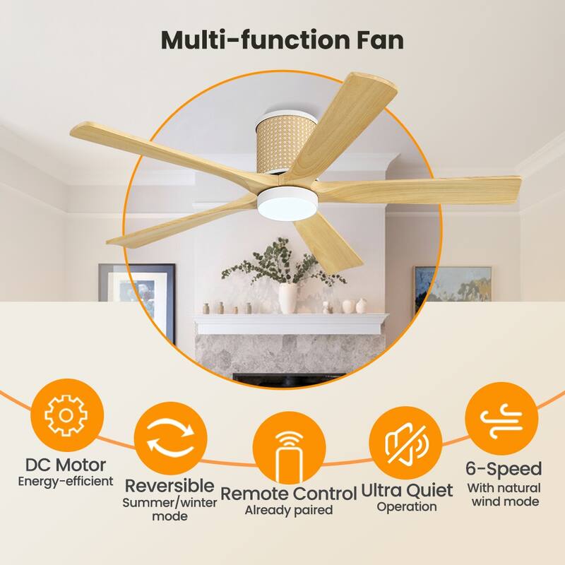 MLiAN 5 Solid Wood Blades Ceiling Fan with Lights Remote Control 6-Speed DC - 54''