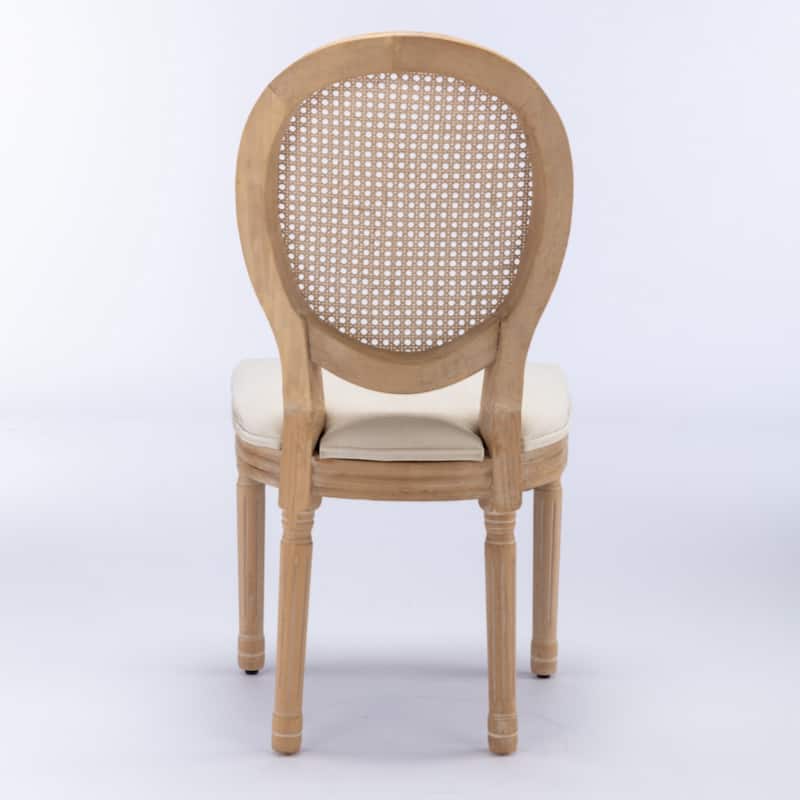 Furniture,French Style Solid Wood Frame Antique Painting Linen Fabric Rattan Back Dining Chair,Set of 2