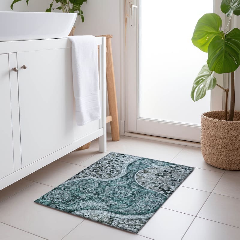 Machine Washable Indoor/ Outdoor Modern Paisley Chantille Rug - Teal - 1'8" x 2'6"
