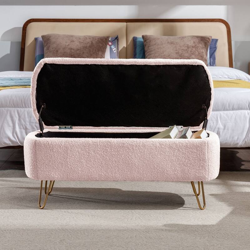 Modern Faux Fur Storage Bench with Gold Legs, Upholstered Ottoman for Living Room and Bedroom