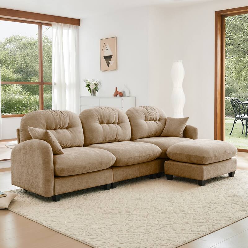107" Sectional Couches for Living Room, Tufted Back Upholstered Couch with Ottoman, Chenille 3 Seater Modular Sectional Sofa