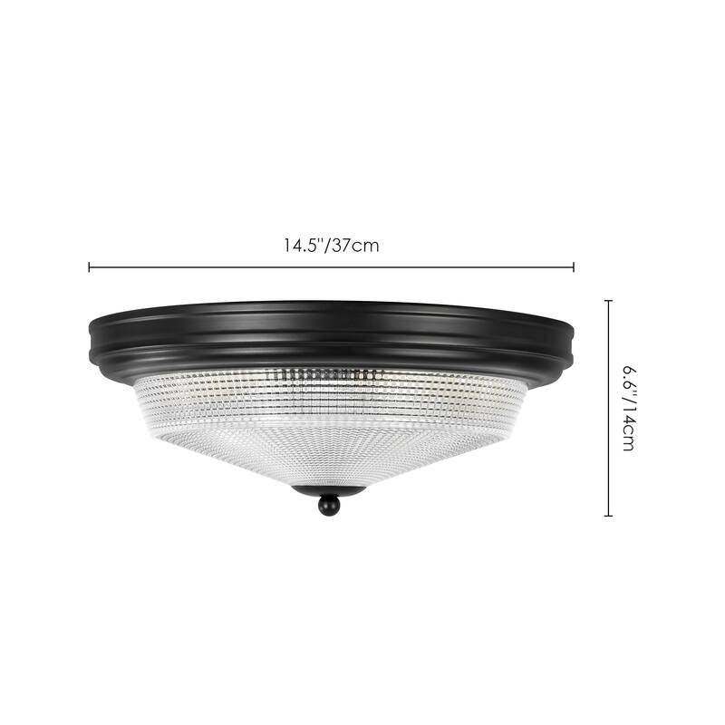 2-Light Modern Vintage Black Cone Textured Prismatic Glass Flush Mount Light - 14.5 in. W x 6.6 in. H