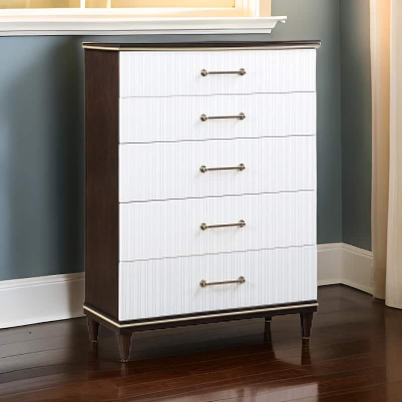 Shim 54 Inch Tall Dresser Chest with 5 Drawers, White, Cherry Brown Wood