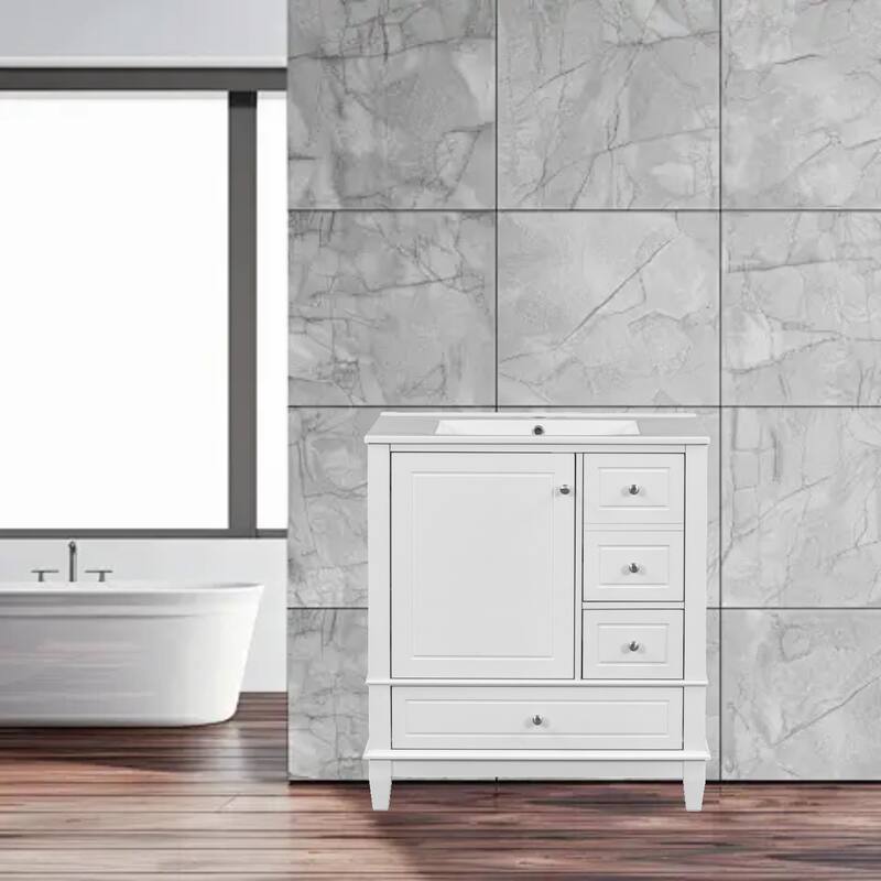 30" Bathroom Vanity with One Door, 3 Drawers, Ceramic Sink, and Soft-Close Hinges - White